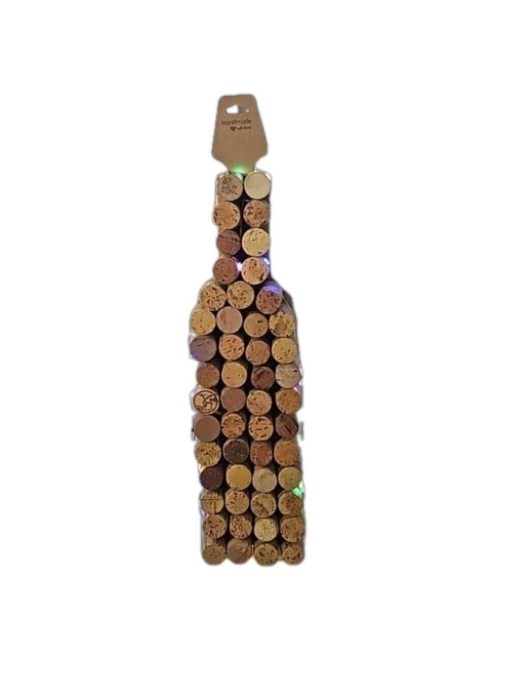 Hand Crafted wooden bottle shilloett art made with upcycled wine corks light up
